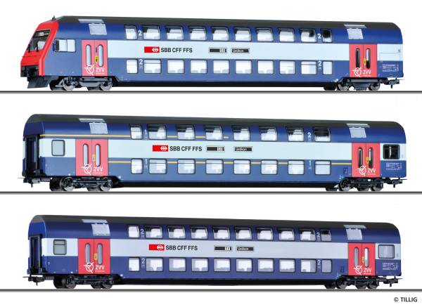 TILLIG 70083 - Doppelstockwagenset der SBB, bestehend aus Doppelstock-Steuerwagen Bt, einem 1./2. Klasse-Wagen AB und einem 2. Klasse-Wagen B, Ep. V/VI